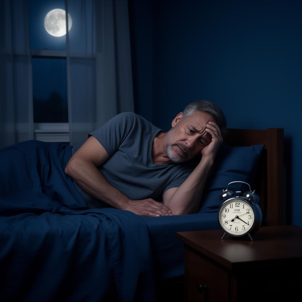 Tired adult sitting awake in bed at night checking the clock